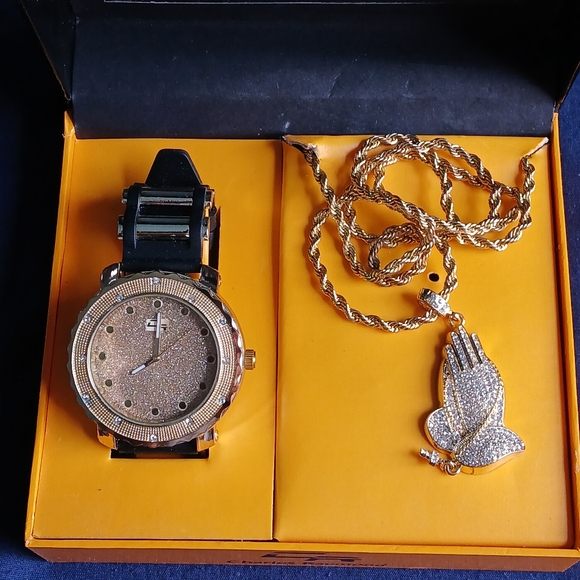 Charles Raymond Gold/Black Watch & Prayer Hands Gold Necklace Set - Picture 1 of 8